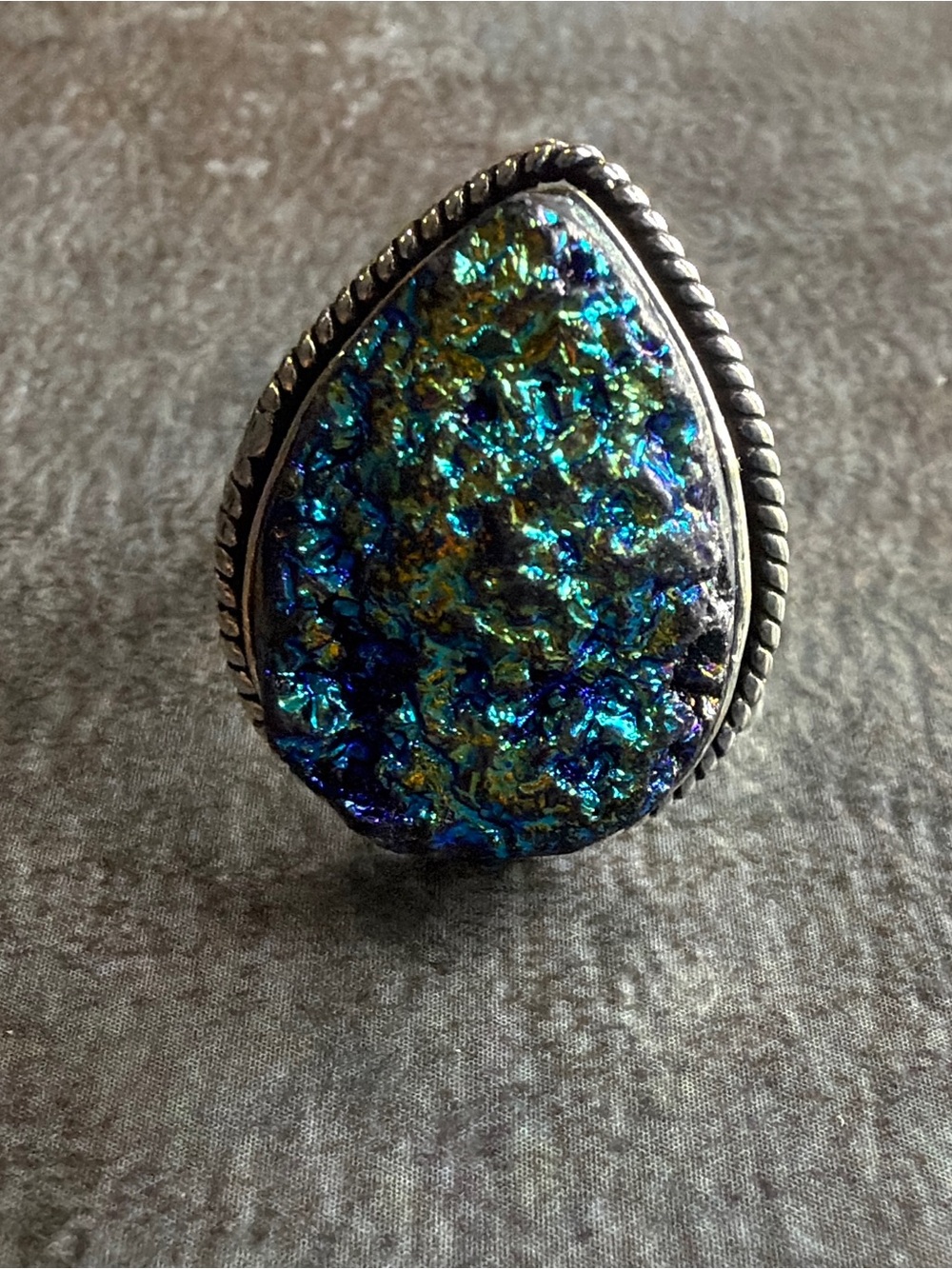 Vintage Style Boho Rainbow Druzy Statement Ring Size 8.5 Silver 925  Plated